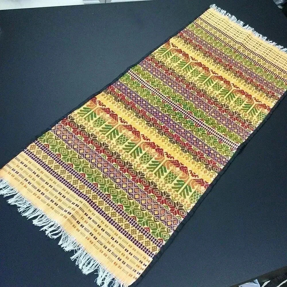 Vintage Yellow Red Black Sides Aztec Tribal Boho Woven Fringe Table Runner 18x42